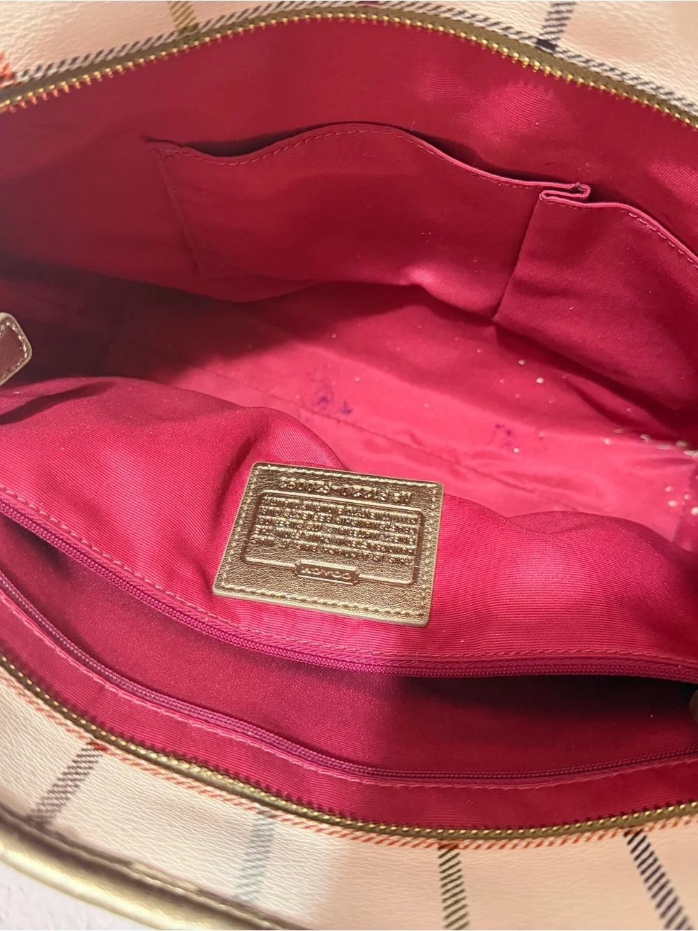 Vintage Coach Plaid Shoulder Tote in Cream with Gold Handles and Pink Logo